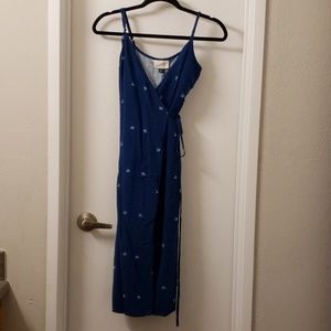Navy floral wrap dress (washed linen look)